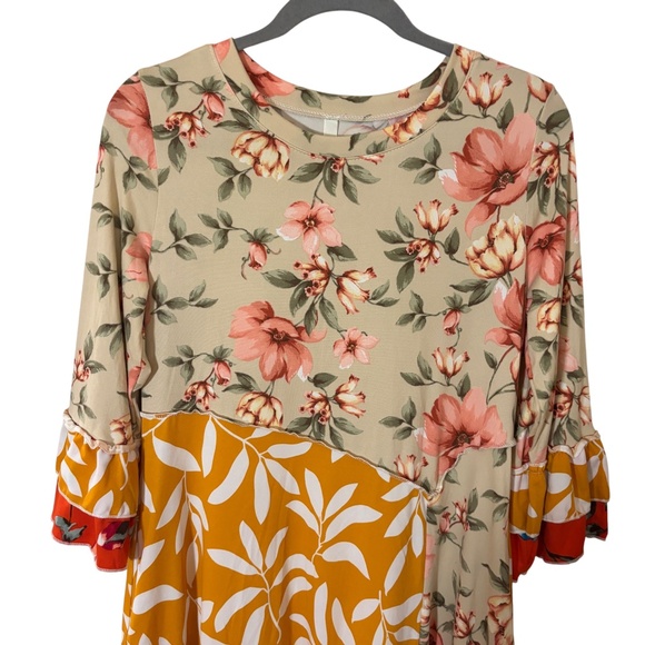Celeste Mixed Floral Patchwork Ruffle Hem Dress Medium orange tan pink boho - Picture 3 of 12